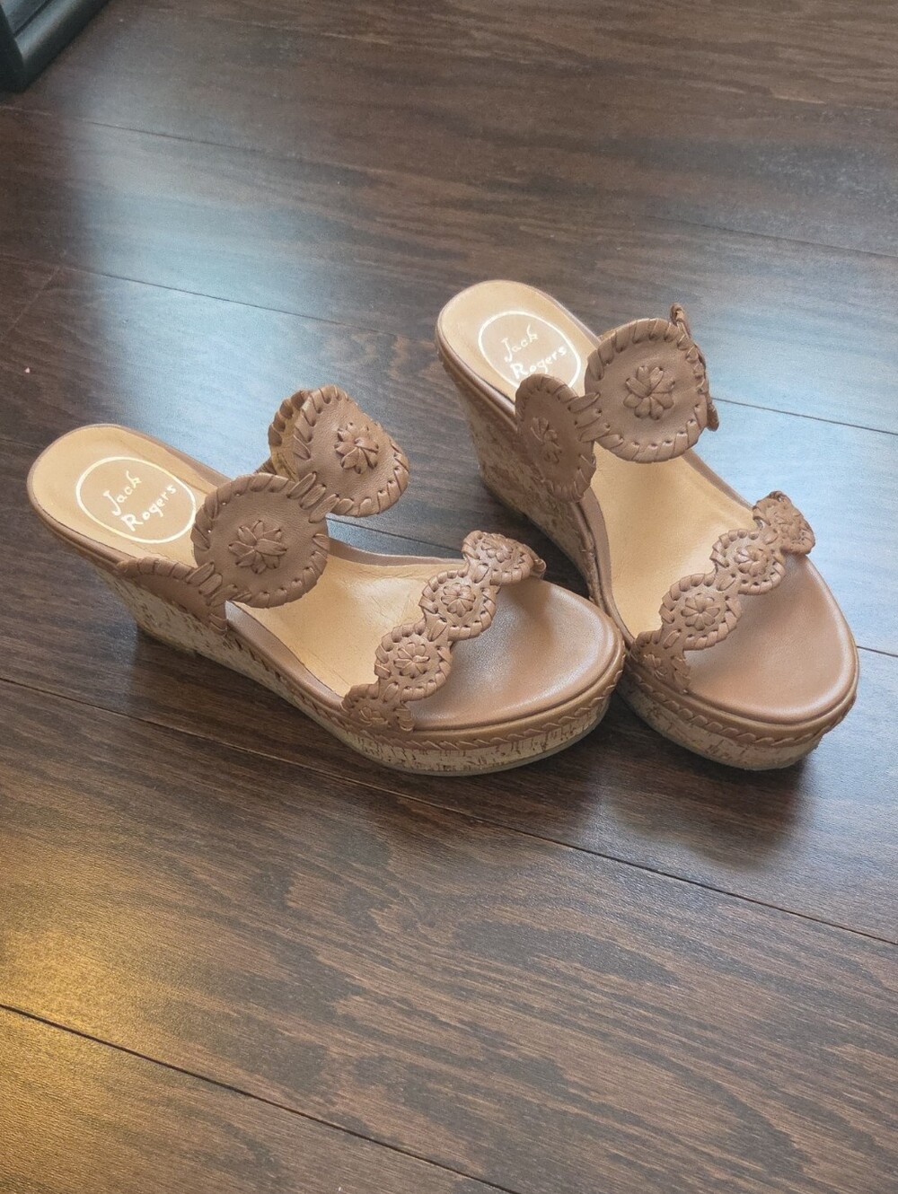 Jack Rogers Tan Leather Cutout Wedge Sandals